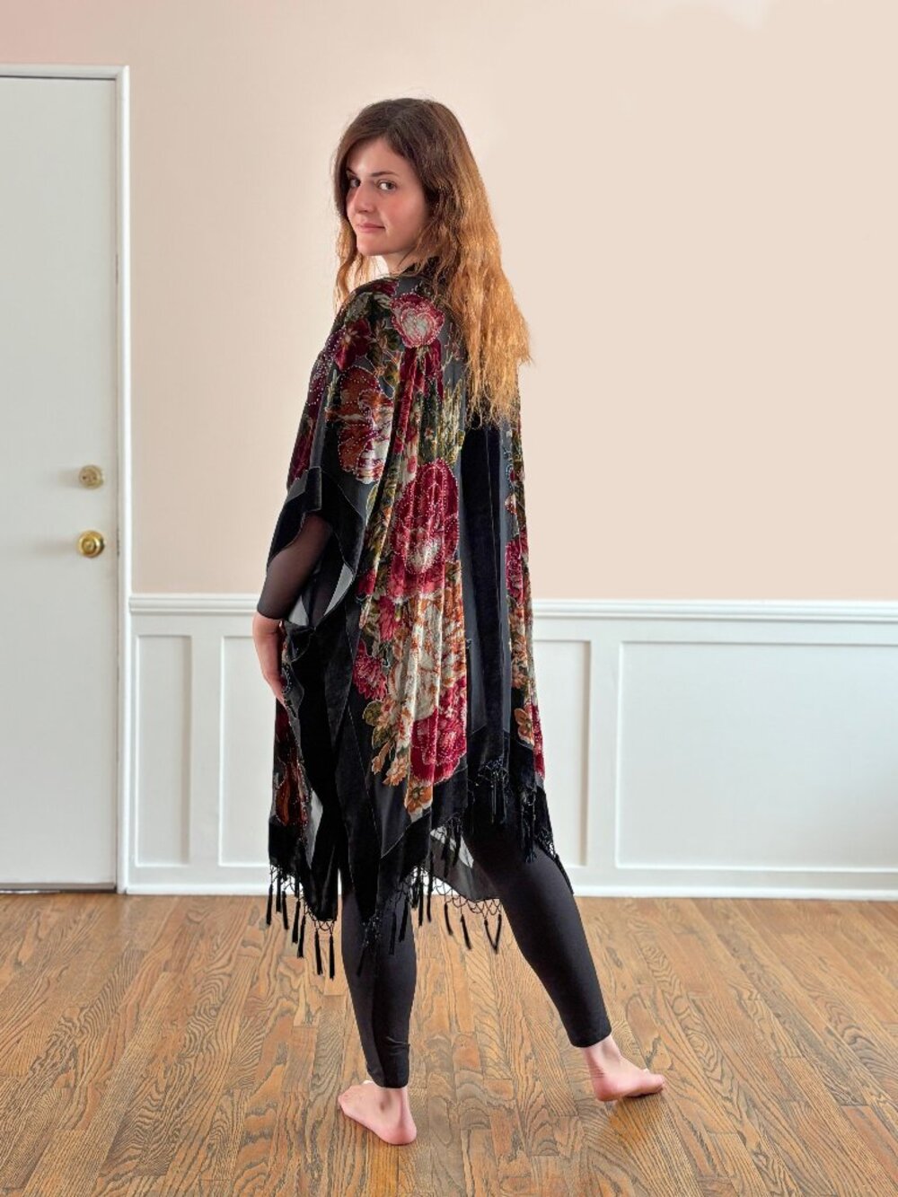 BURNOUT VELVET FRINGE KIMONO DUSTER ONE SIZE
